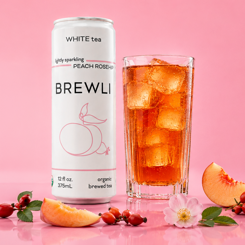 Brewli Organic Teas peach rosehip can packaging